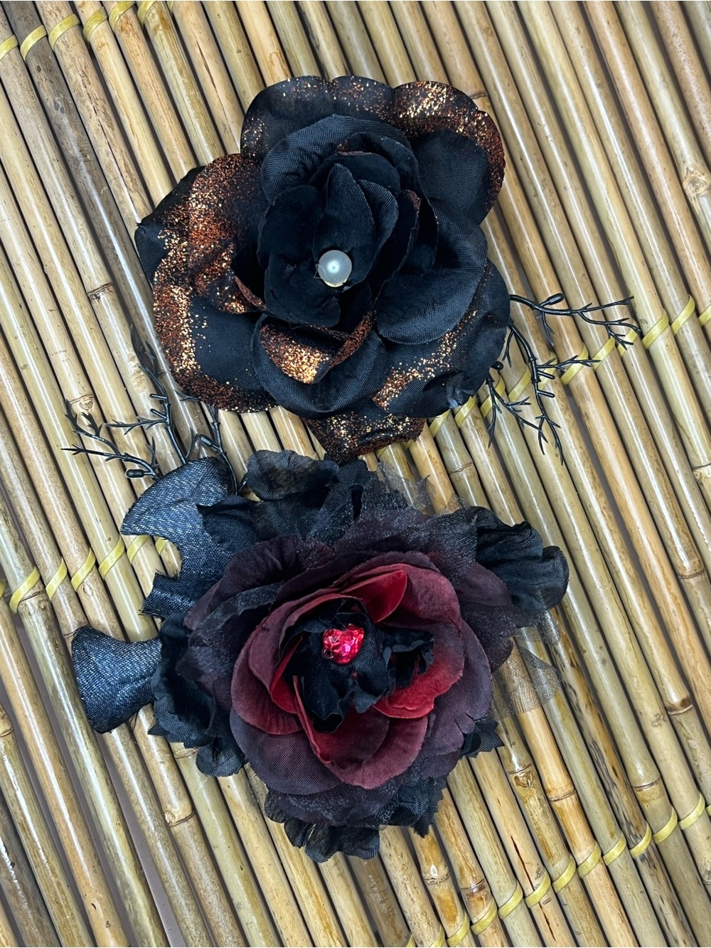 Hair flowers handmade Black & Red and black and orange, rockabilly, 50’s